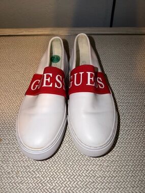 Guess White Slip-On Sneakers with Red Logo Band